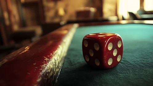 Red casino die rests on worn pool table under warm light