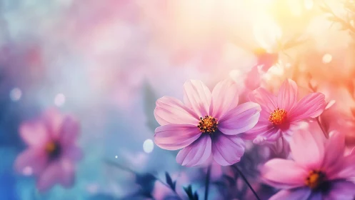 Pink cosmos flowers with soft bokeh background gradient.