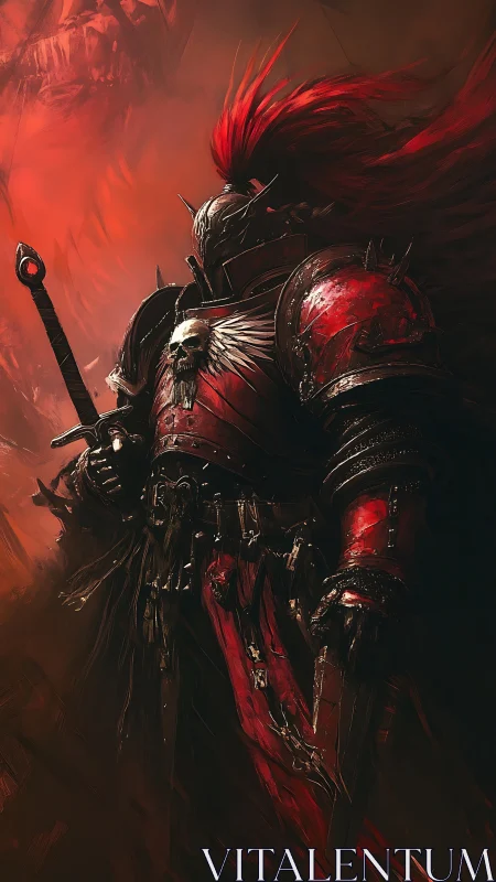 Crimson warlord stands proud in burning battlefield haze