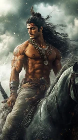 Storm-forged warrior astride a thundering battle steed.