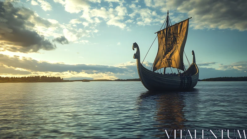 Viking longship sails across calm water at evening light