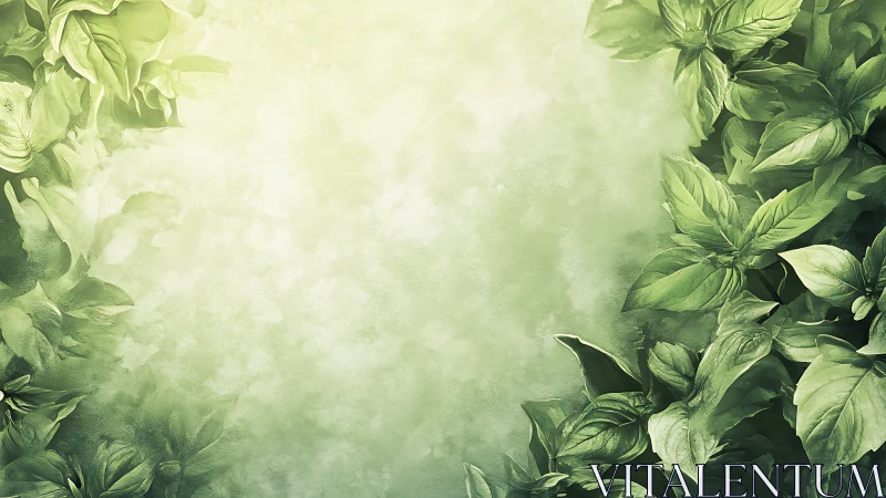 Green foliage border surrounding pale textured background.