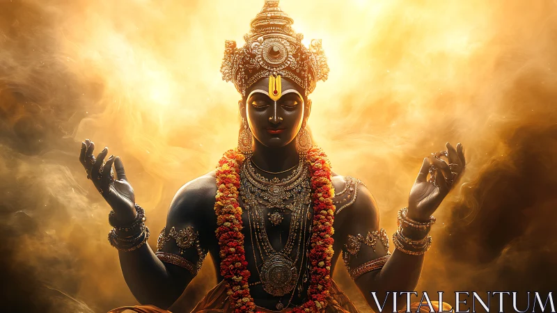 Digital deity portrait in golden volumetric atmospheric glow