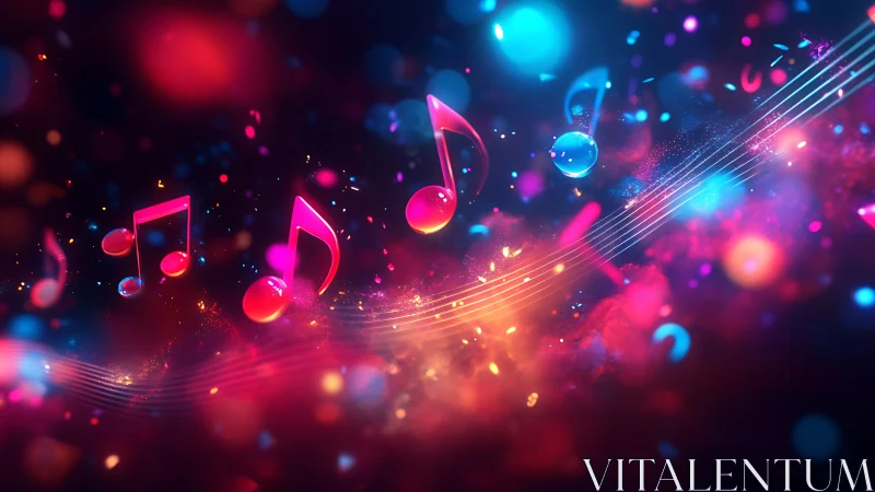 Colorful musical notes float gently through glowing night air