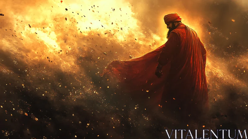 Solitary robed figure strides through burning golden storm