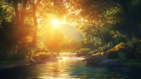 Sunlit forest river glows with tranquil golden morning light.