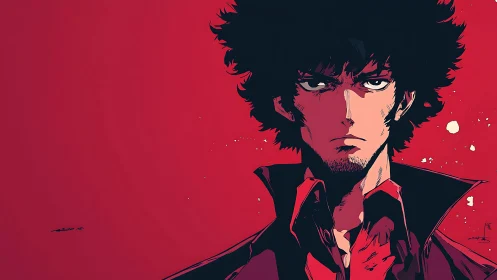 Brooding anime gunslinger on stark red backdrop.