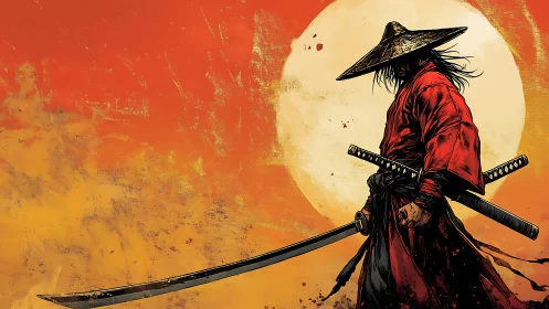 Lone ronin swordsman silhouetted against textured sunset sun