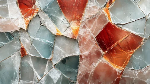 Abstract stained glass mosaic with red and blue geometric shards.