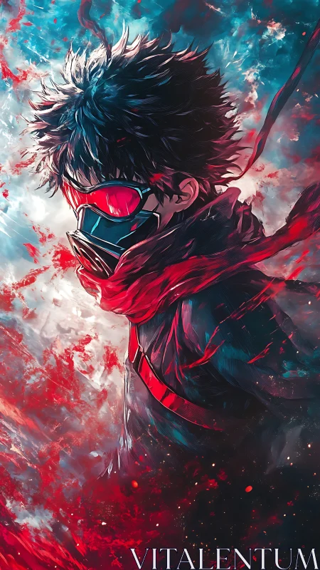 Storm-lit masked hero wrapped in crimson winds of courage.