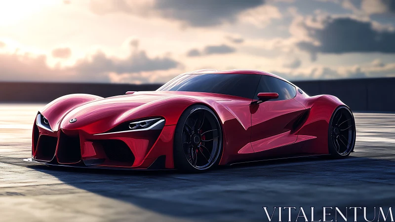 Red concept supercar glows over wet rooftop at sunset.