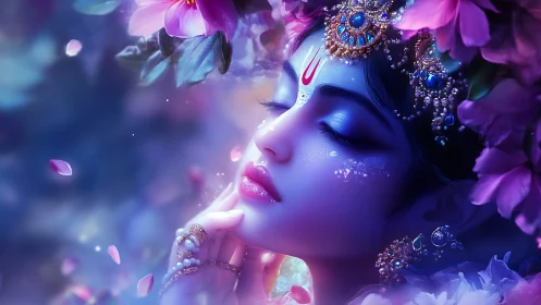 Dreamy floral goddess resting in a soft violet glow.