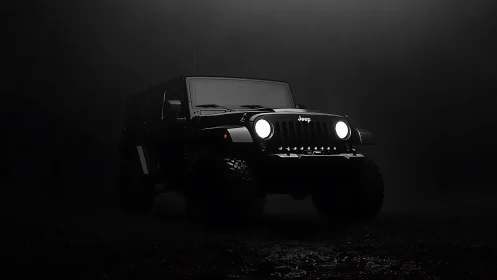 Off-road Jeep SUV emerges from low-key fog with intense headlamps