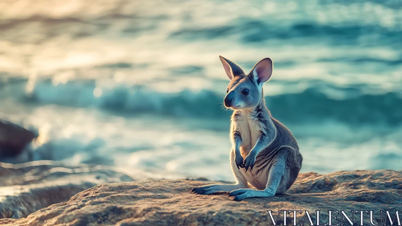 Juvenile kangaroo on sunlit coastal rocks at golden hour.