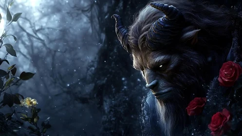 Moonlit horned guardian brooding among enchanted roses.