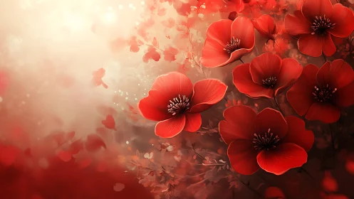 Crimson Blooms Emerge: Ethereal Red Flowers in Soft Light