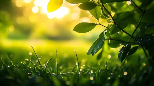 Morning light gently kisses fresh leaves and dewy grass