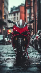 Red sports motorcycle waits on a glossy rain-soaked city street
