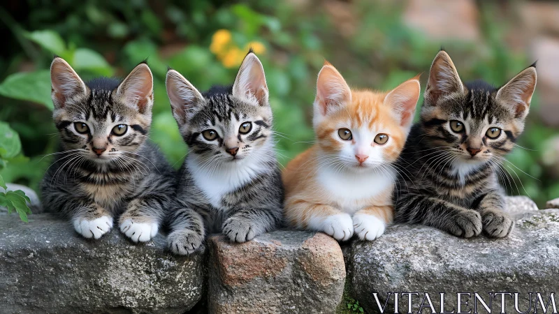 Four Tabby Kittens on Stone Surface.
