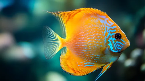 Orange tropical fish with blue markings in soft focus water.