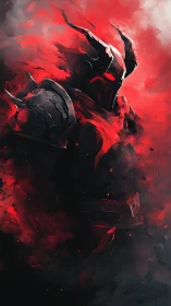 Hellforged horned knight emerging from crimson smoke.