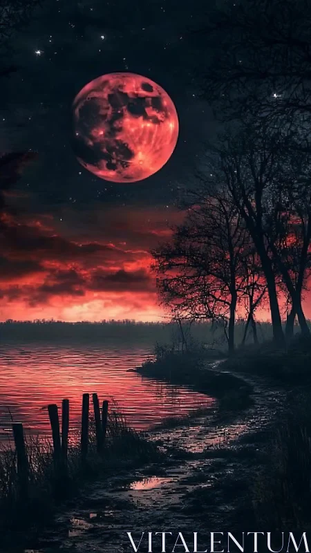 Red moon rises over lakeside path with silhouetted trees
