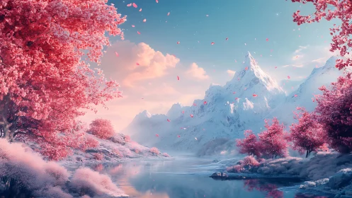 Snowcapped mountains with pink trees by reflective lake.