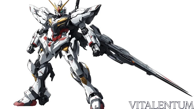 Armored white mecha with oversized rail-blade in battle stance.