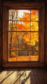 Golden autumn forest glows beyond rustic wooden window frame