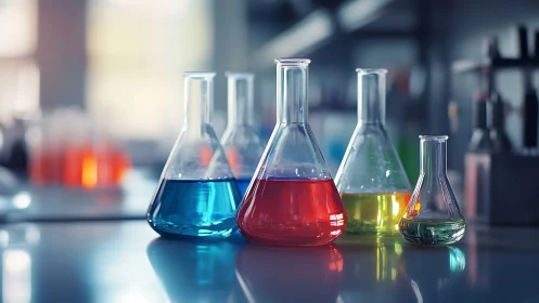Glass laboratory flasks hold colored liquids on reflective bench