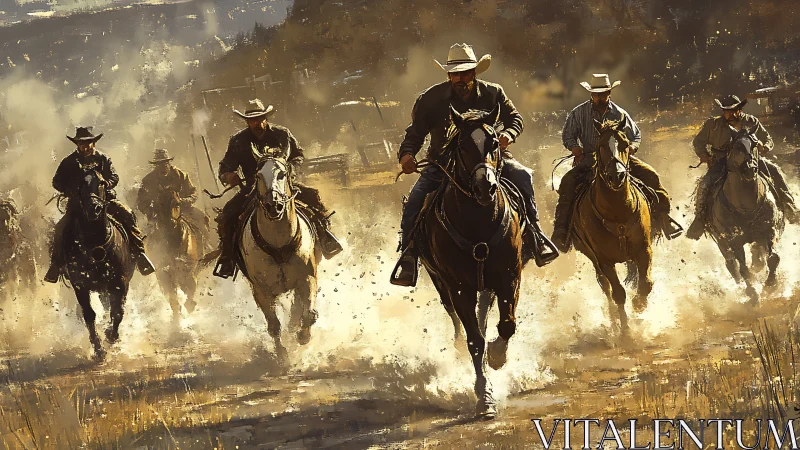 Cowboy riders charge forward in dynamic dust-filled composition