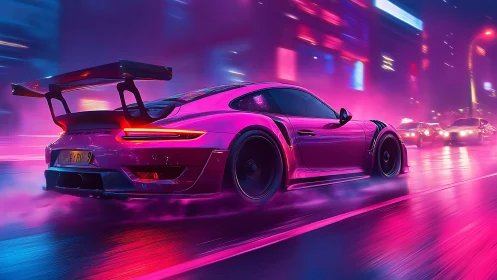Neon-drenched sports car sprinting through cyber city streets.