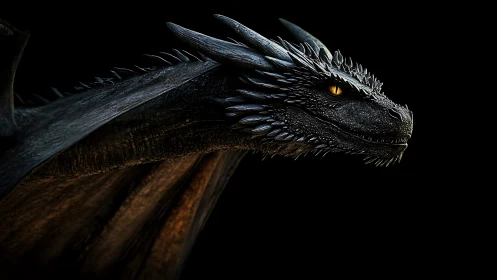 Midnight obsidian dragon poised in ember-eyed silence.