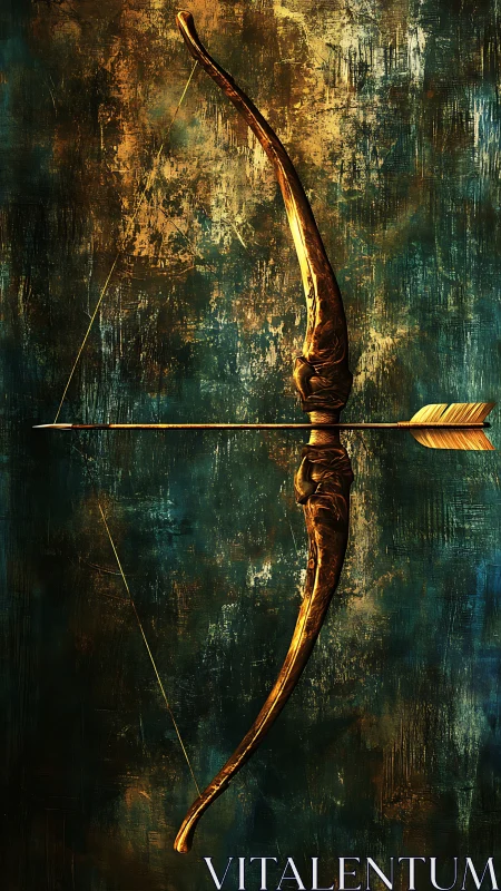 Golden ceremonial bow with arrow on textured abstract teal field.