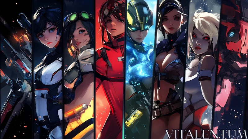Seven stylized sci fi heroines stand in vertical character panels