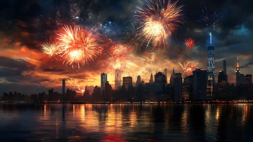 City skyline at night with dense, colorful fireworks display.