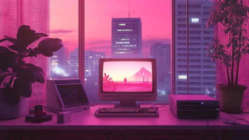 Retro workstation against neon cityscape in digital painting style.