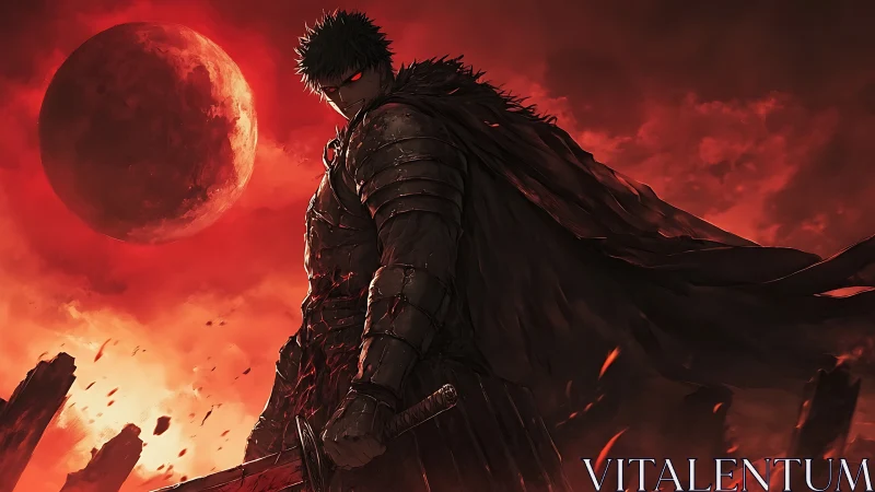 Lone warrior under a crimson moon in a storm of embers.