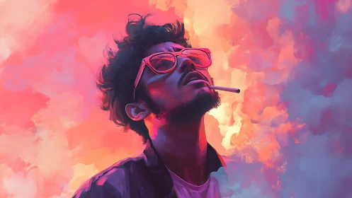Man in neon clouds wearing sunglasses and smoking.