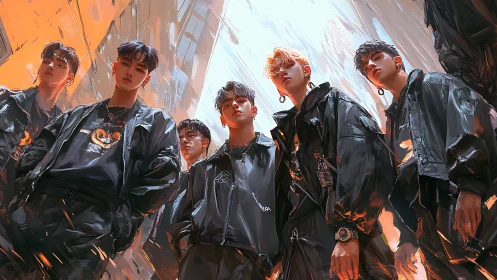 Urban kinetic boy group under angular neon canyon light.