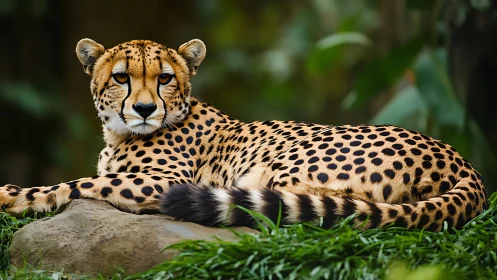 Cheetah reclines on rock with sharp focus and shallow depth of field