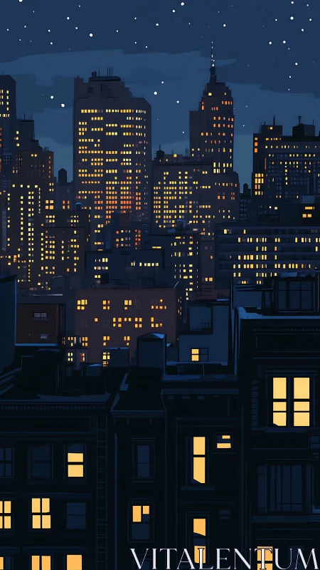 Night city skyline with lit apartment windows under stars.