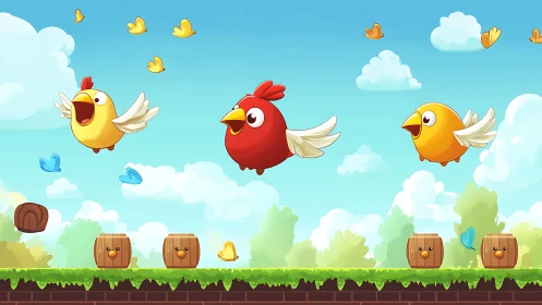 Cartoon birds with feathered wings flying through clouded sky with game environment