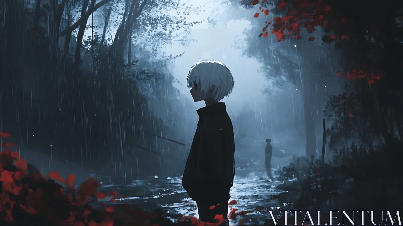 Solitary white-haired figure in rain-soaked forest path scene