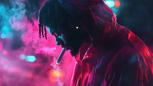Man in neon hood smoking in colorful night smoke.