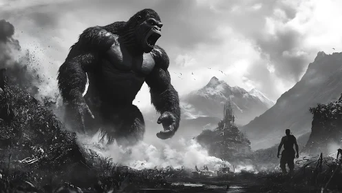 Colossal gorilla roars across a misty, battle-scarred valley.