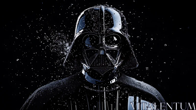 Dark armored figure with glossy helmet in floating droplets.