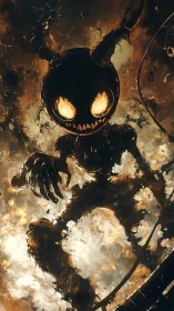 Infernal cartoon demon emerging from molten clouds below.