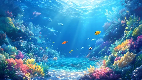 Vibrant coral reef scene with tropical fish and sunlight.