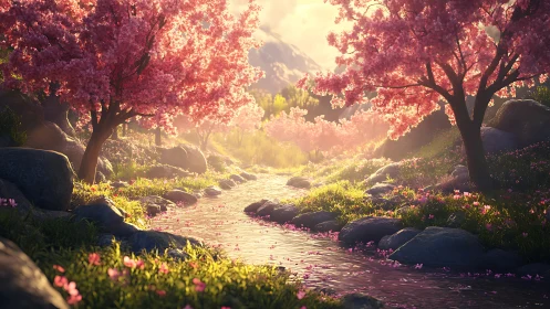 Blossom riverway glows beneath dreaming spring mountains.